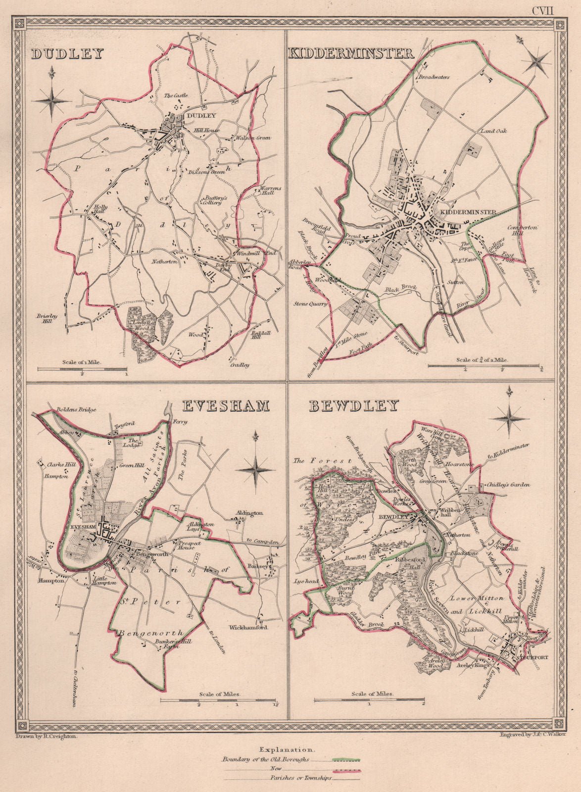 WORCESTERSHIRE TOWNS. Dudley Kidderminster Evesham Bewdley. CREIGHTON 1835 map